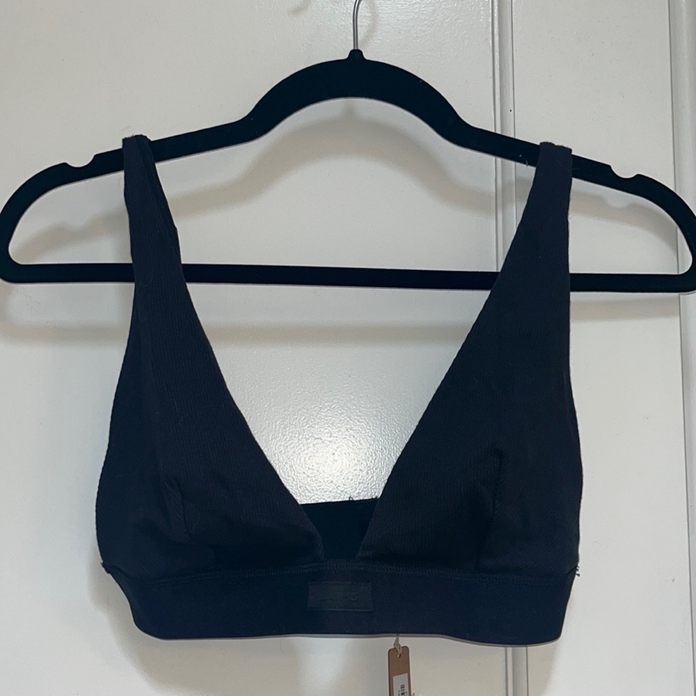 Skims cotton plunge ribbed bra, black, L, NWT